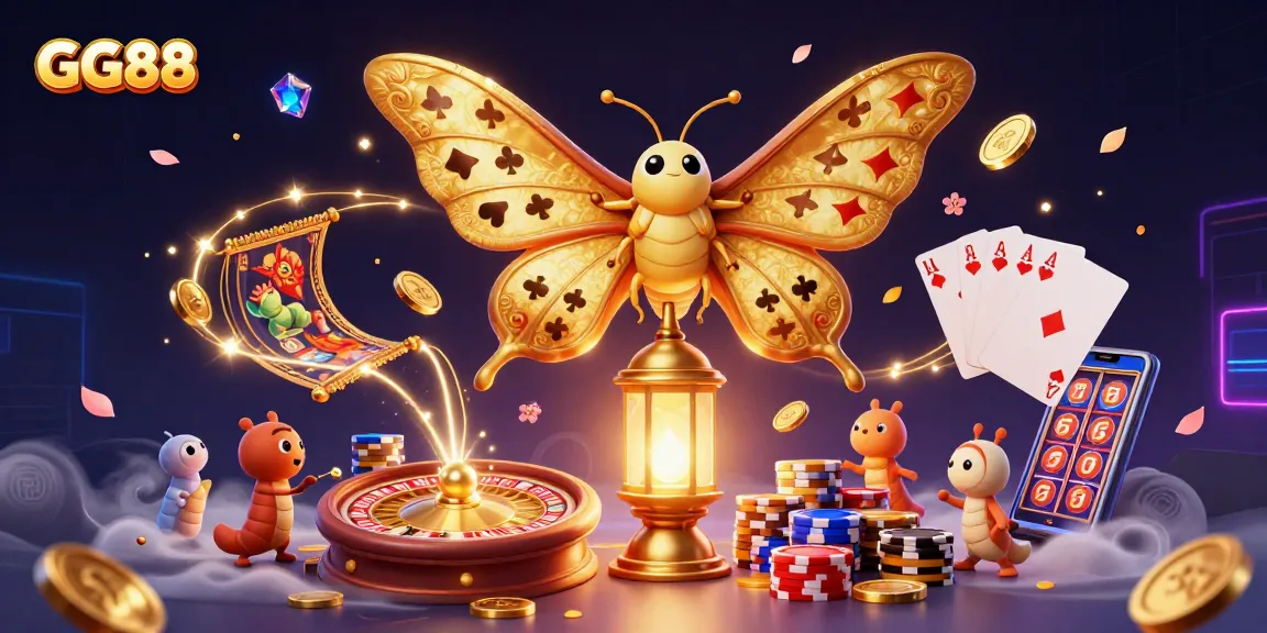 Experience GG88's vibrant casino adventure with golden coins and a majestic moth.