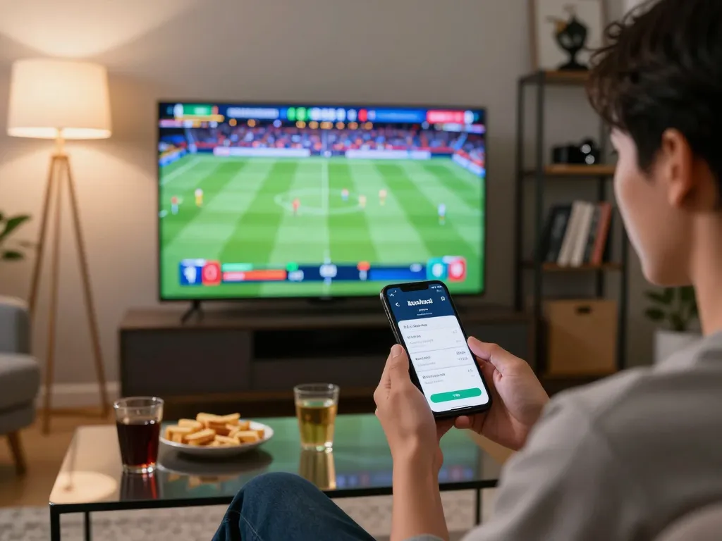 Engaging in sports betting with keonhacai app on smartphone while watching a game on TV.