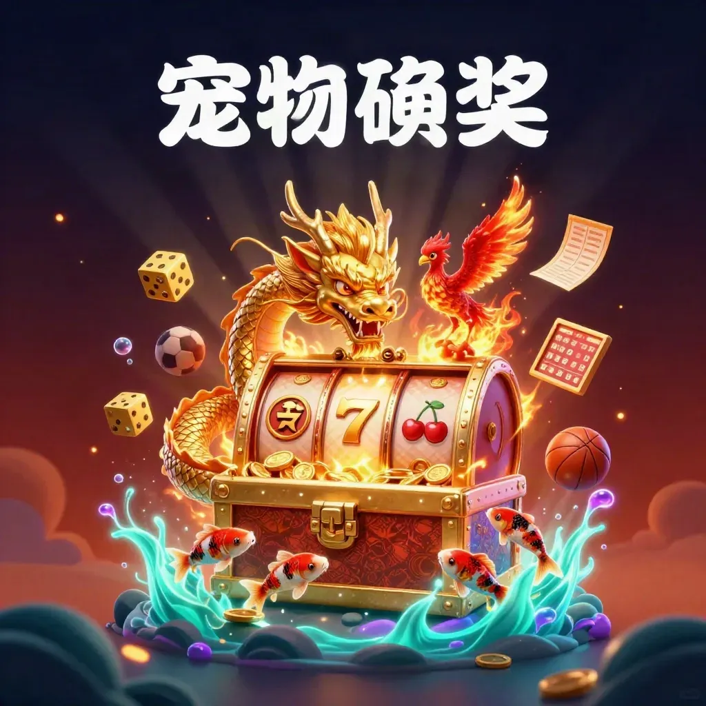 Golden dragon, phoenix, koi, slot burst, and sports props in luxe neon casino light.