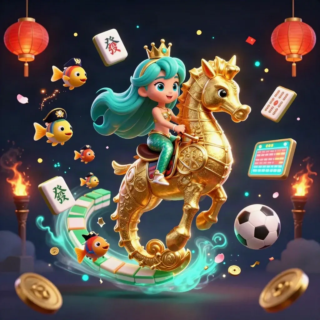 Mermaid princess on armored seahorse amid lanterns, jade coins, fish, and casino glow.