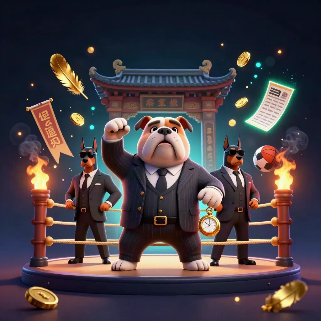 Bulldog boss and two dobermans amid gold sparks, temple gate, ring, ball, and neon casino glow.