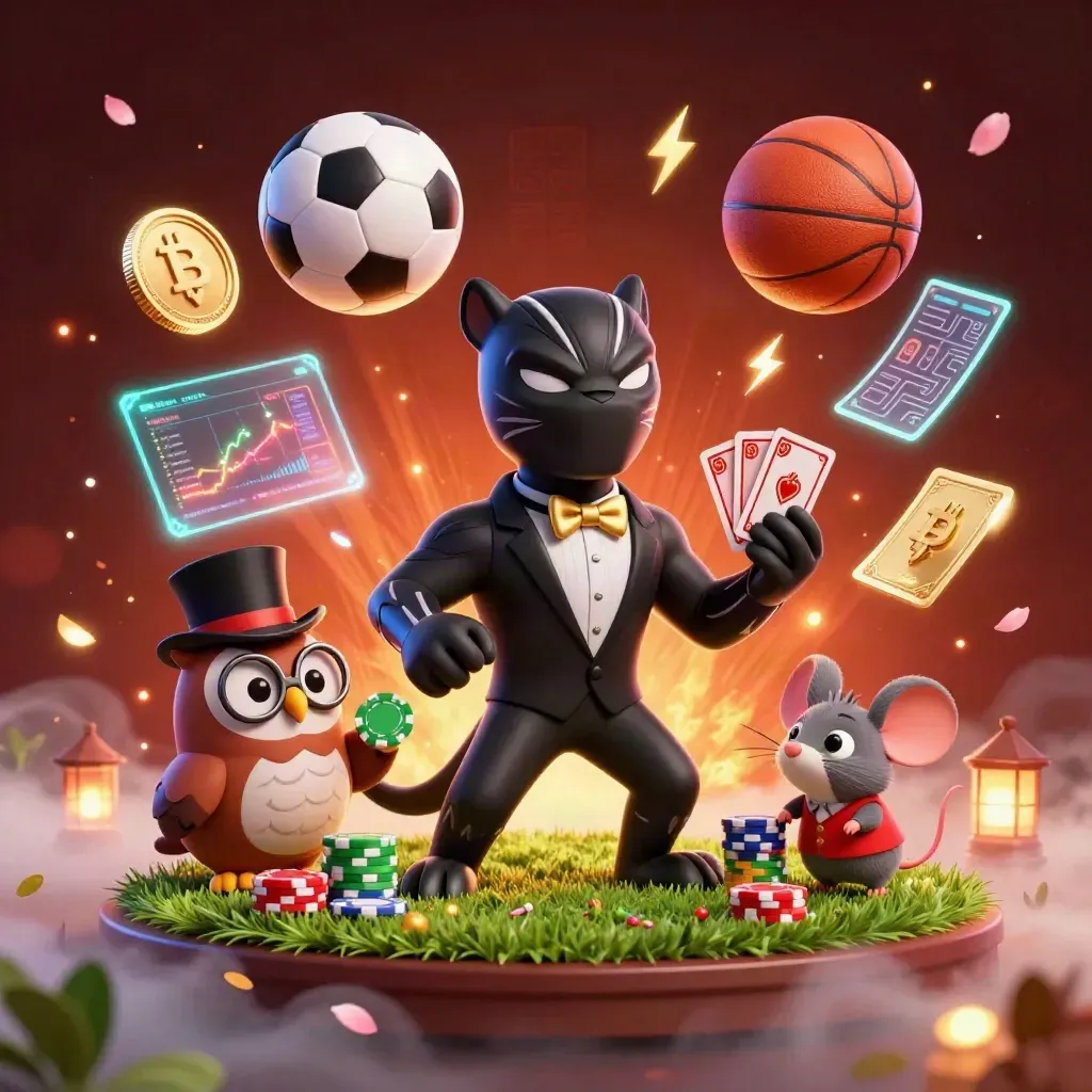 Panther, owl, and mouse amid cards, coins, and flying sports balls in neon casino glow