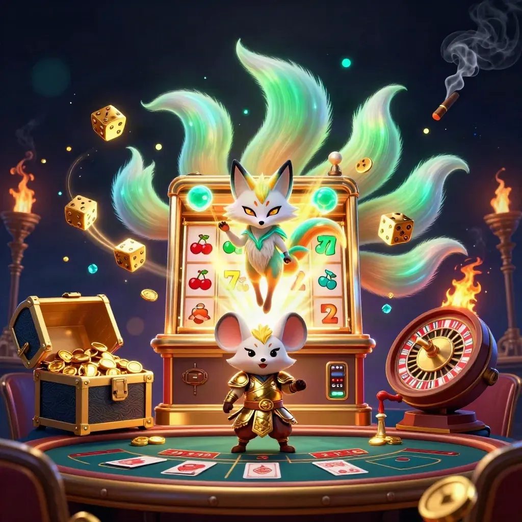 Fox spirit and armored mouse amid casino magic, slot burst, gold dice, roulette glow