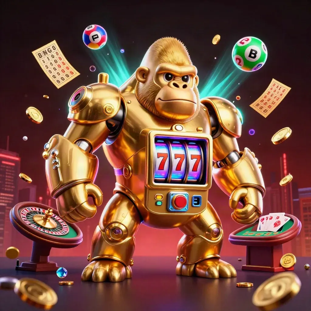 Golden gorilla mech with tiny monkey pilot amid reels, balls, wheel, cards, and neon casino glow.