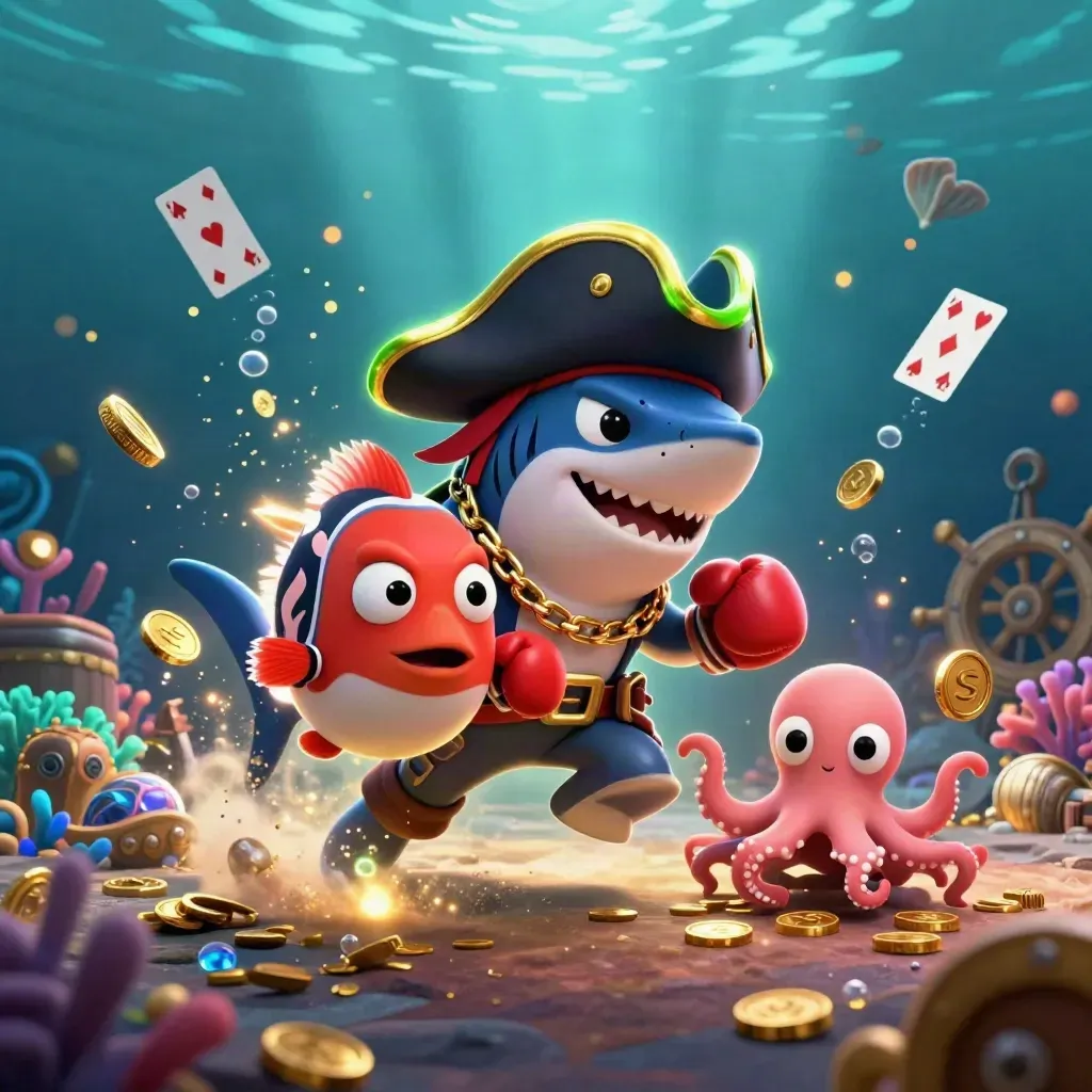Pirate shark, boxing pufferfish, and coin-juggling octopus in a glowing treasure cove