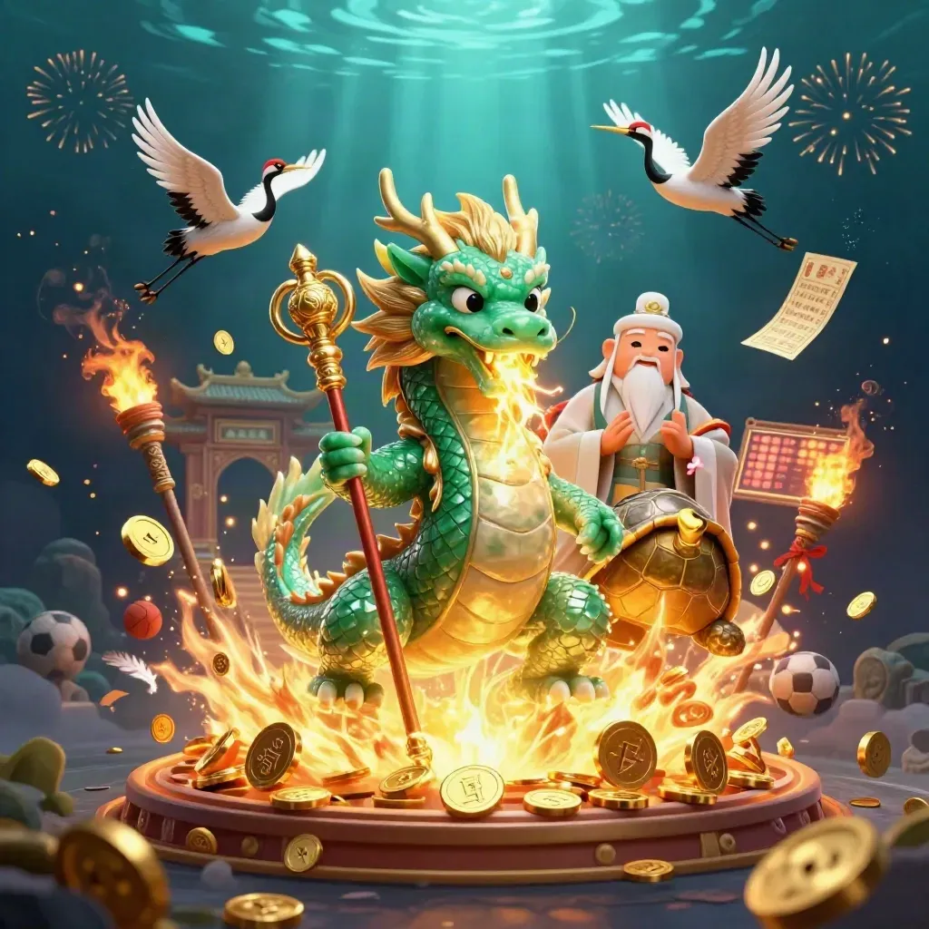 Emerald dragon, turtle sage, and cranes amid gold coins, temple gate, and fiery casino effects.
