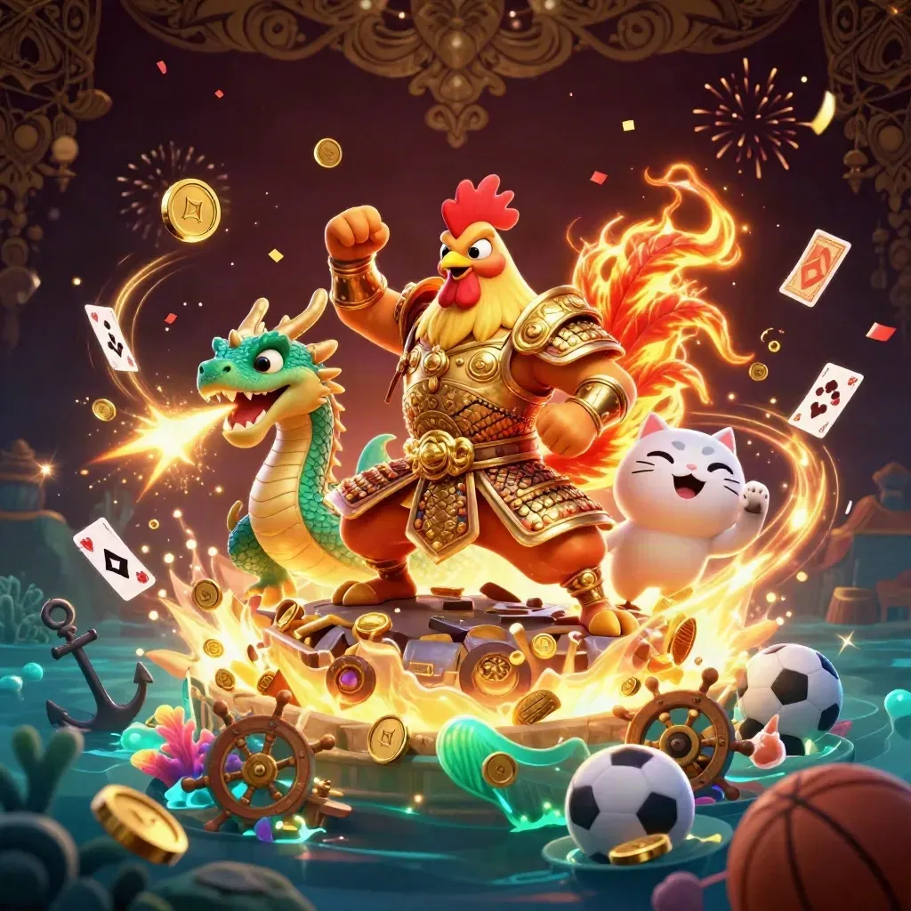 Rooster samurai, dragon hatchling, and fortune cat amid coins, fireworks, coral, and sports gear