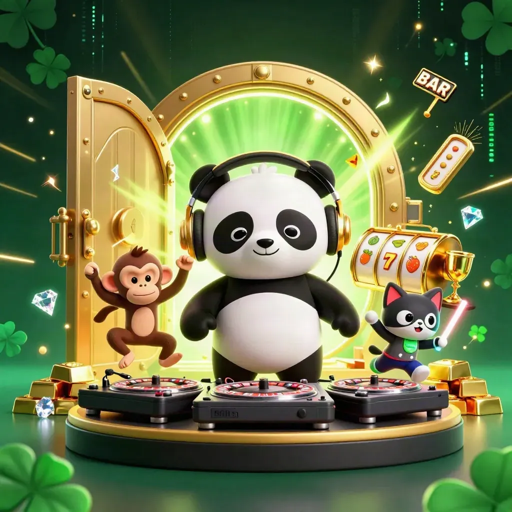 DJ panda, breakdancing monkey, and rave kitten amid a vault of gold and slot symbols
