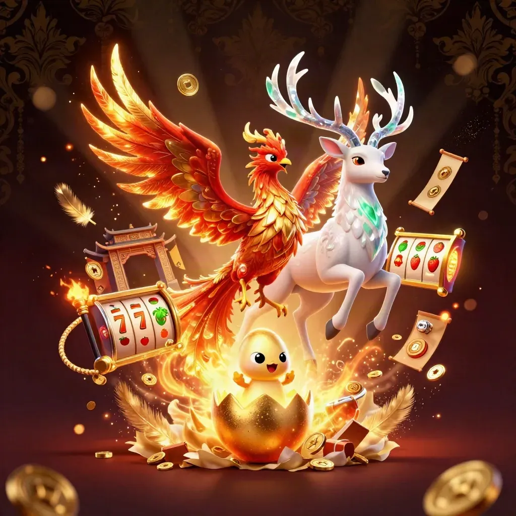 Fire phoenix, baby phoenix, and crystal-antler stag amid casino reels, coins, and temple glow.