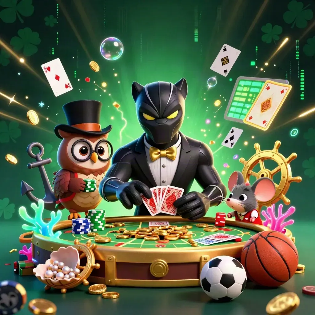 Panther, owl, and mouse amid treasure, cards, coins, and neon casino effects.