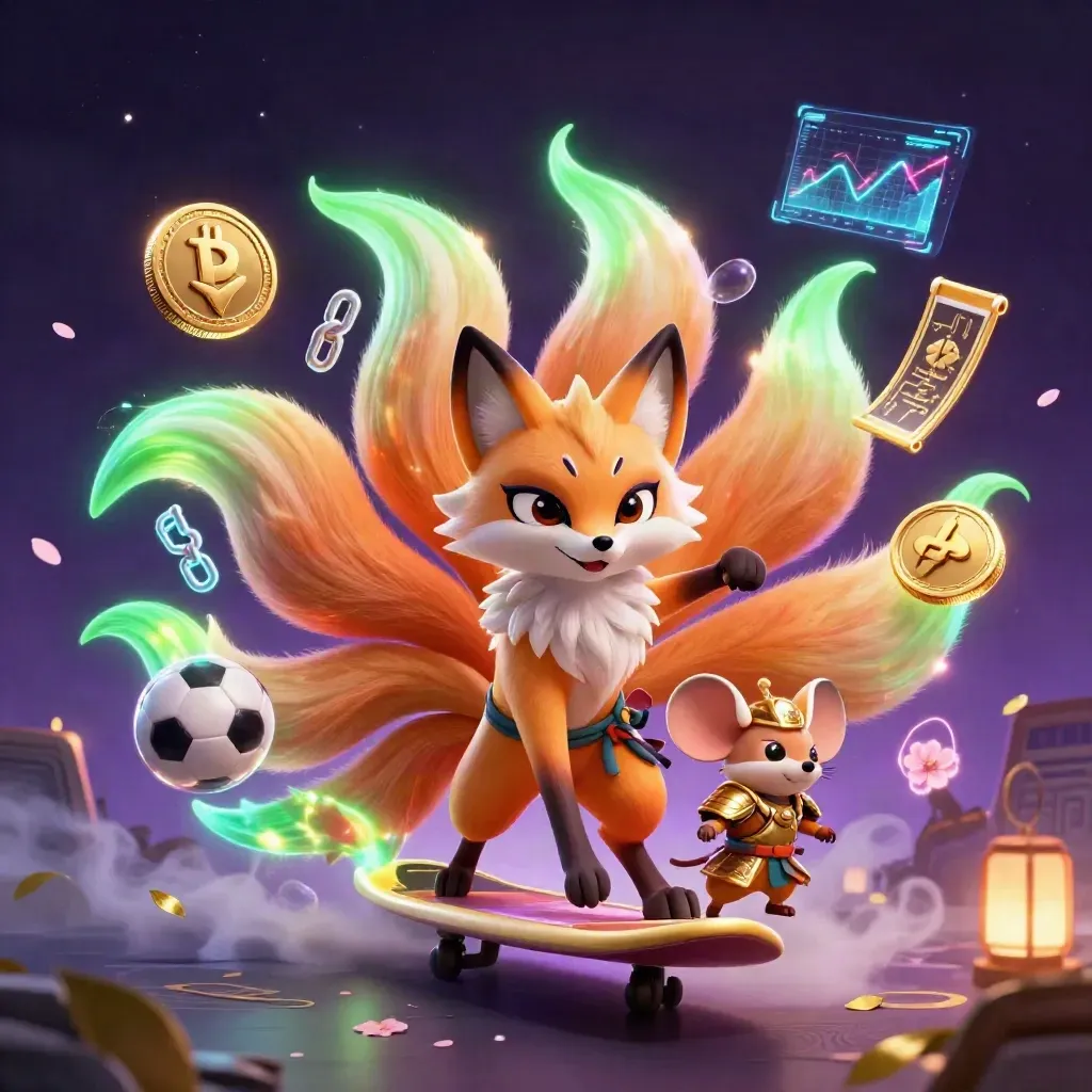 Neon fox spirit and golden mouse amid casino coins, sports balls, and glowing magic