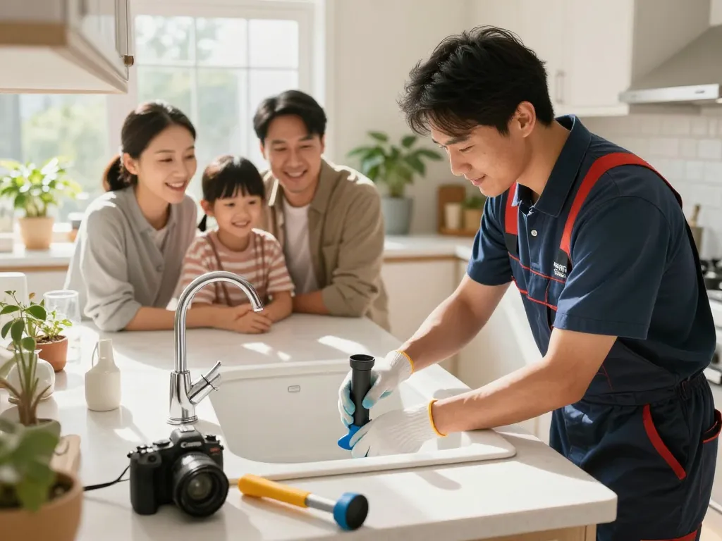 Drain cleaning Chesterton IN service technician inspecting kitchen sink with family watching, tools scattered around.