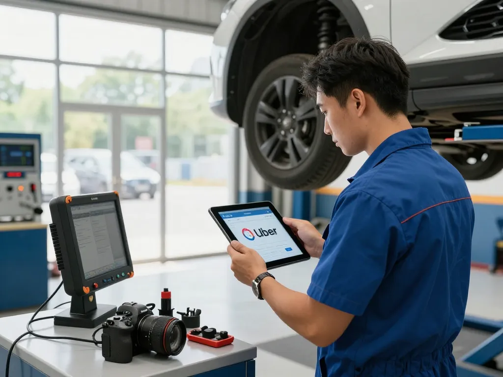 Uber inspection online with a mechanic conducting a vehicle inspection in a modern garage, showcasing safety and efficiency.