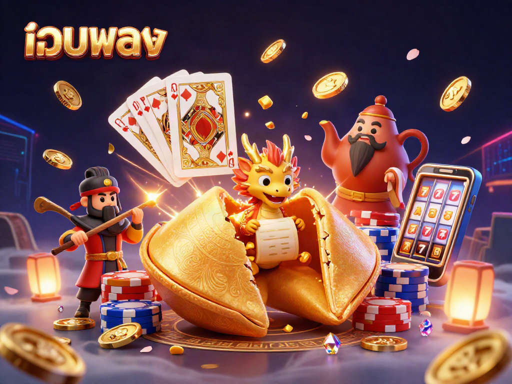 Engage in เว็บตรง gaming with a vibrant scene showcasing a dragon, golden cookies, and casino elements.