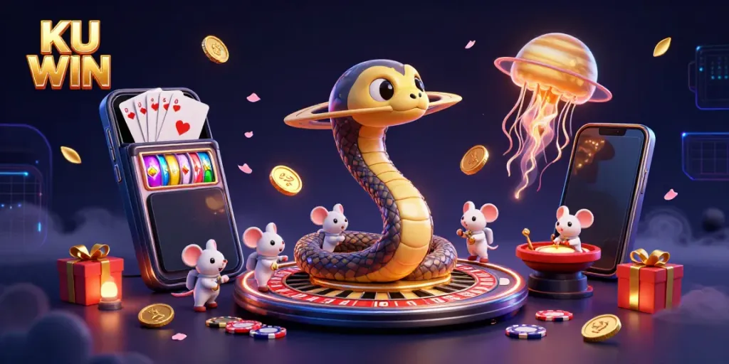 Engage in thrilling bets at KU WIN with cosmic characters and exciting casino elements in a vibrant scene.