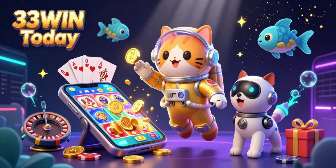 Engage with thrilling games at 33WIN Today, featuring a colorful slot game amidst a vibrant, dynamic scene.
