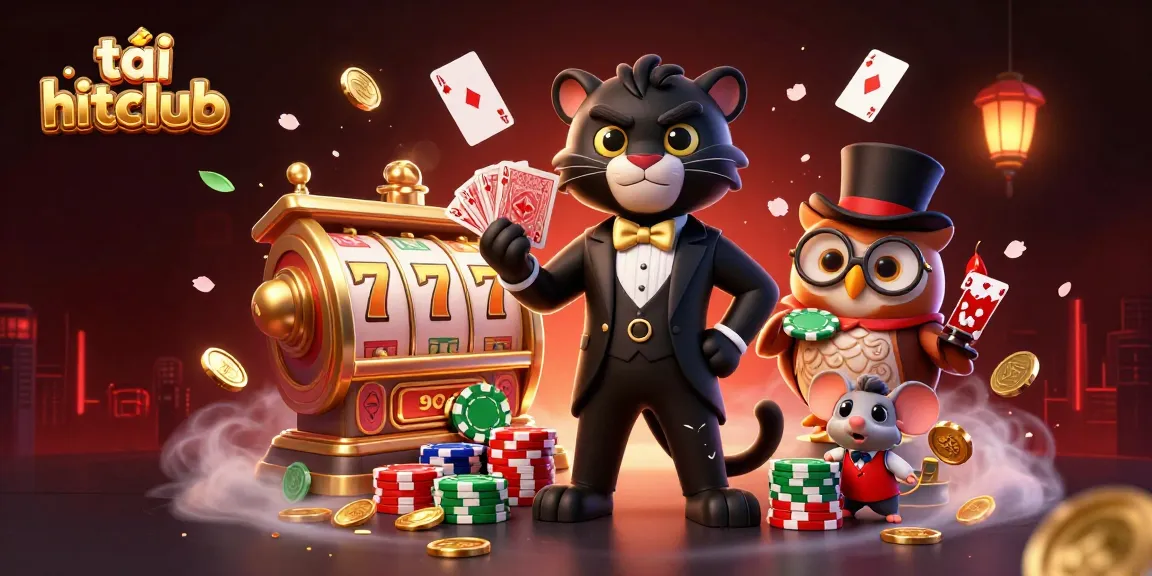 Engage with tải hitclub, featuring a stylish black panther and lucky characters in a dynamic casino scene.