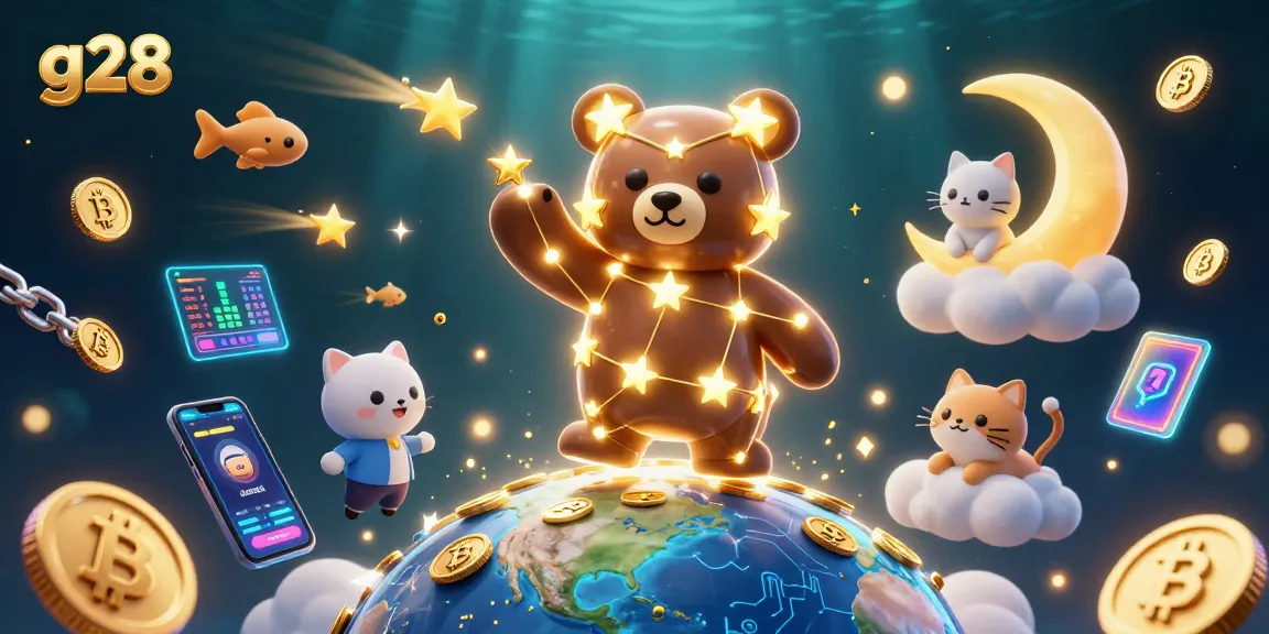 Engage with g28's winning strategies in a vibrant casino scene filled with gold coins and crypto elements.