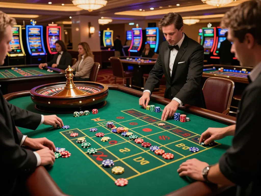 Casino en ligne qui paye rapidement mettant en avant des joueurs engagés à une table de roulette, avec des jetons vibrants et une atmosphère excitante.