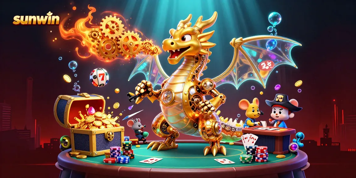 Engage with sunwin's animated golden dragon surrounded by slot machines and poker elements.