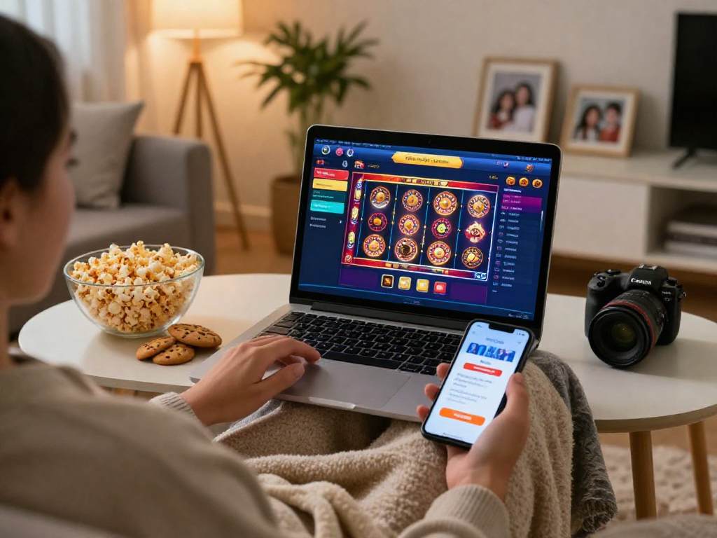 Ambiente di gioco online con laptop che mostra una lista casinò non aams e snack sul tavolo.