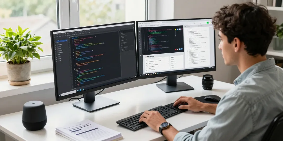 Developer using telegramin-cn.com interface on dual screens in a bright modern workspace.