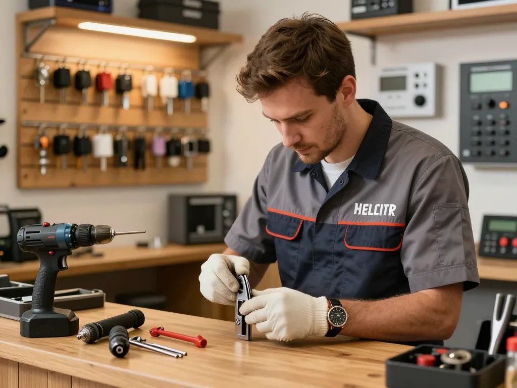 Expert locksmith jensen beach fl repairing car lock in a cozy workshop with warm lighting.