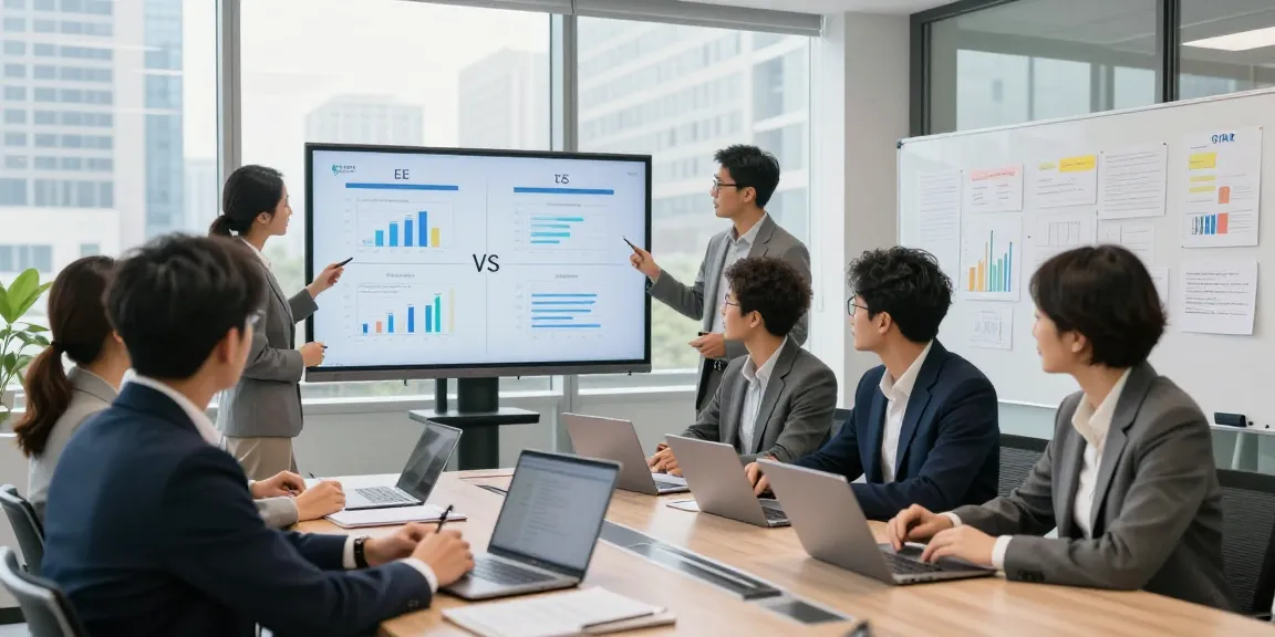 EE vs Three business plans comparison in a strategy meeting with professionals analyzing data.