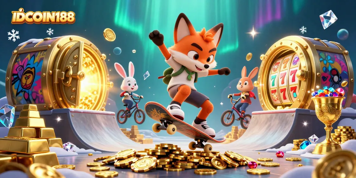 IDCOIN188 provides a vibrant scene of a fox and rabbit enjoying thrilling slot games with dynamic casino symbols.