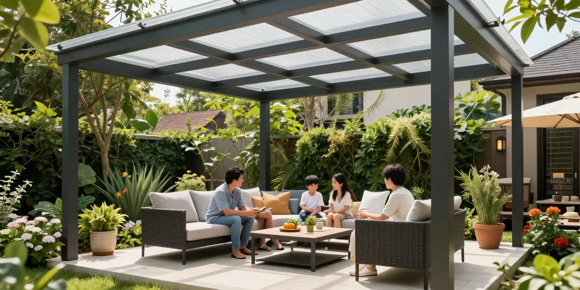 Terrassenüberdachung freistehend mit Familie im Garten genießen sonnigen Nachmittag