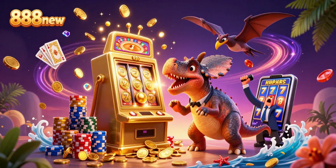 Engage with exciting jackpots at 888new as a cartoon dinosaur celebrates winning coins from a colorful slot machine.