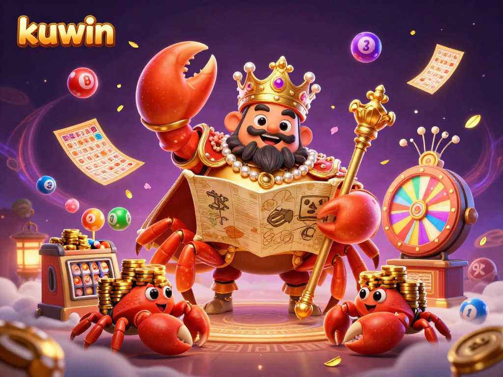 kuwin crab emperor with treasure map and golden chips amidst colorful lottery elements