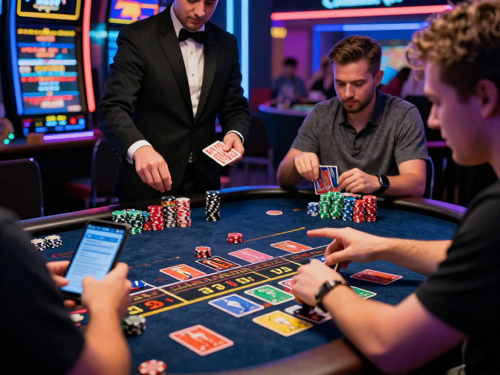 Giocatori coinvolti nel gioco d'azzardo online mostrando la lista casino non AAMS tra chip colorate e luci al neon.