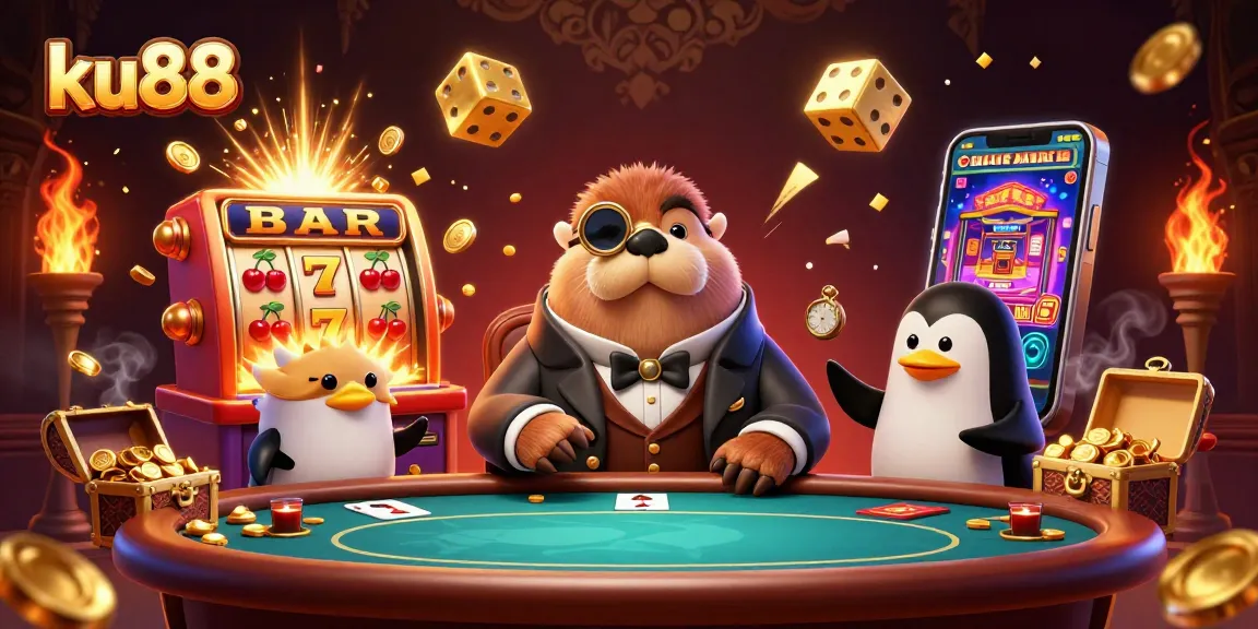Join the fun at ku88 with a jolly walrus and friends at an underwater poker table.