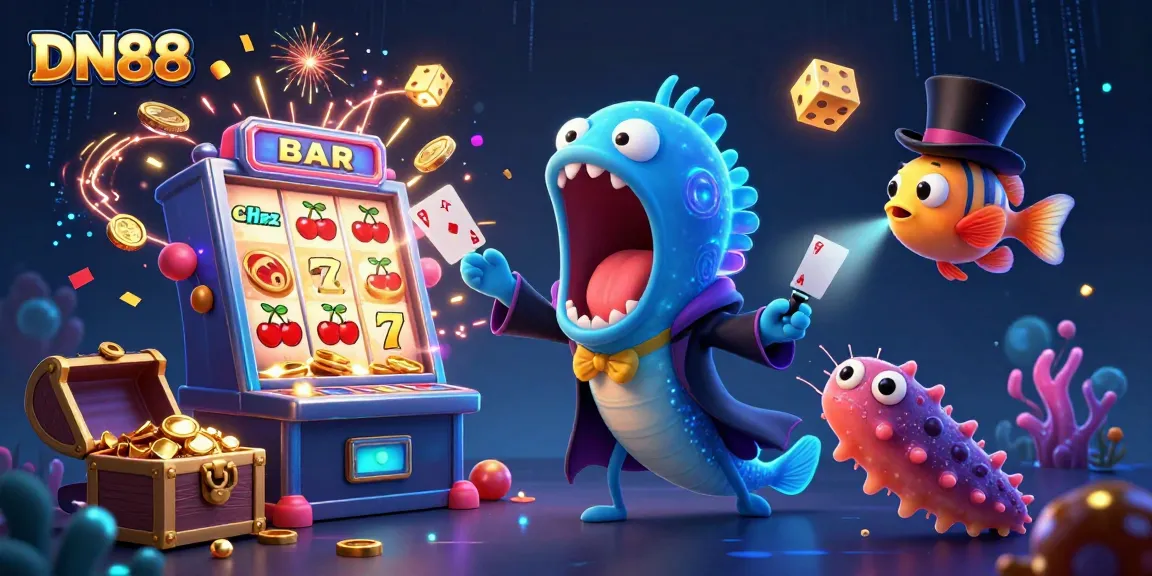 Join the excitement at DN88, featuring vibrant characters and thrilling casino game elements for a magical experience.