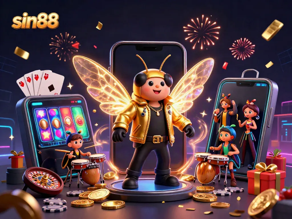 Experience the excitement of sin88 with a dazzling rock star scene featuring vibrant slot games and celebratory elements.