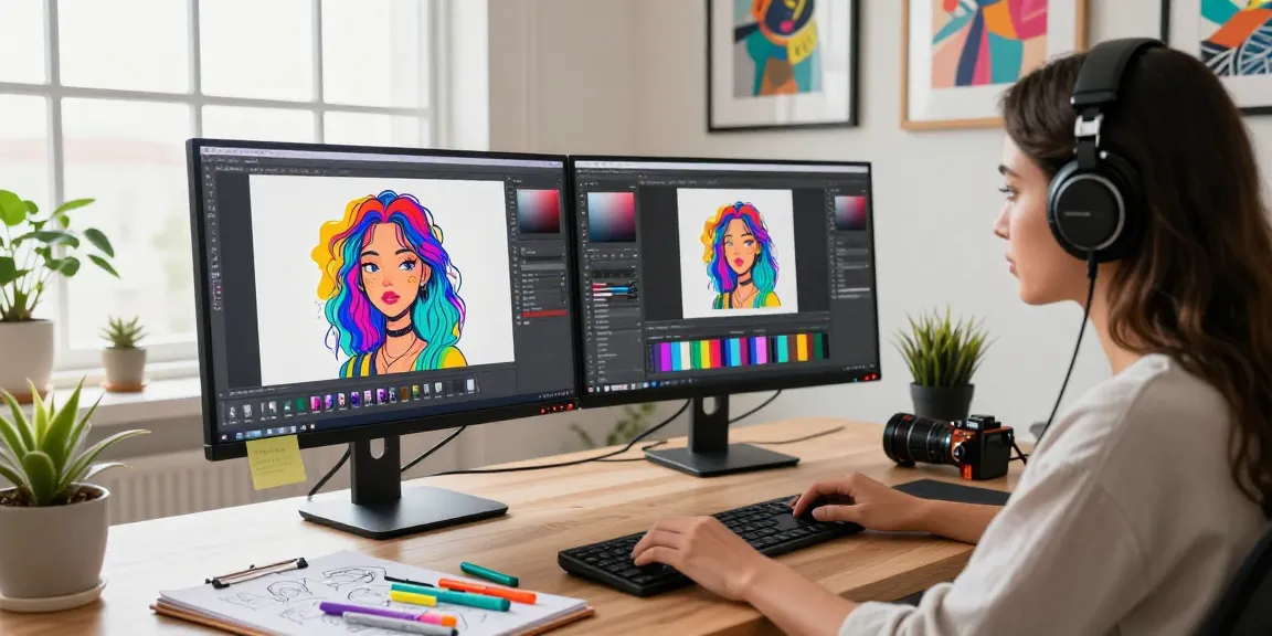 Digital artist utilizing nano banana 2 AI editor in a vibrant workspace surrounded by creative tools and ambient lighting.