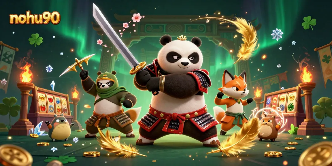 Nohu90 engages players with a dynamic casino scene featuring slots, samurai panda, and magical elements.