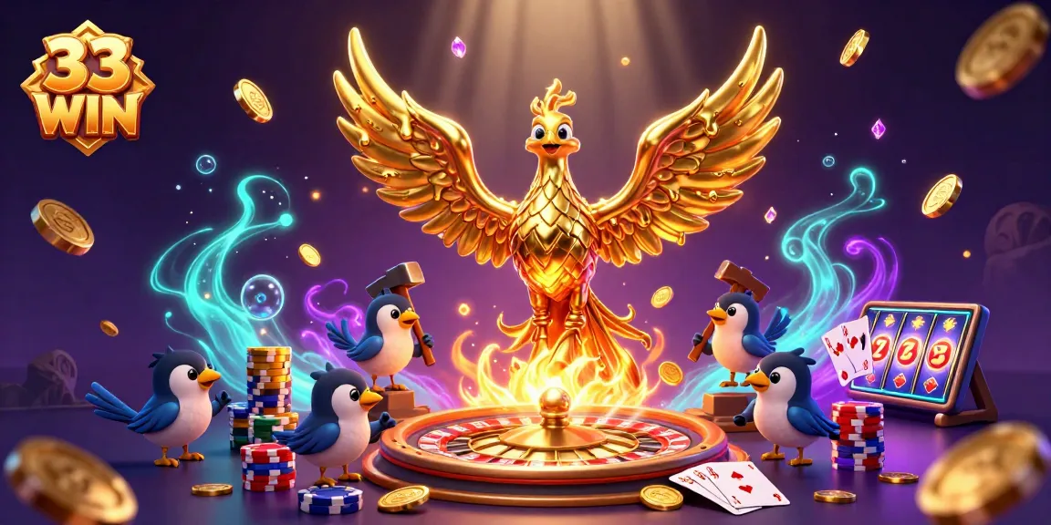 Spin and win with 33 WIN: dynamic casino scene featuring a golden phoenix and game elements.