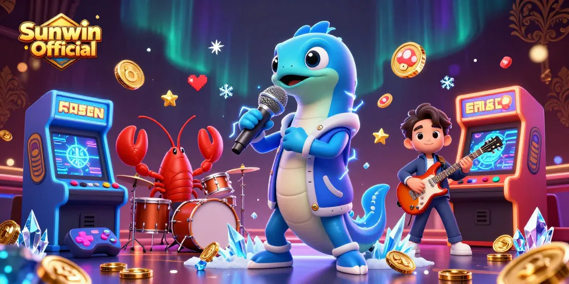 Engaging underwater scene of a DJ electric eel and band promoting Sunwin Official with vibrant gaming elements.