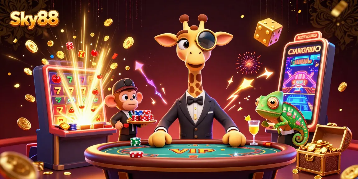 Experience excitement at Sky88 with a vibrant scene of gaming elements and high-roller characters.