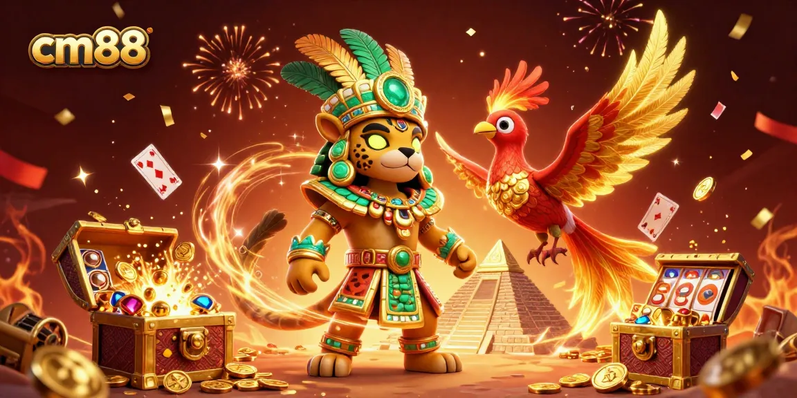 cm88 players winning big at a vibrant casino scene filled with gold coins and slot reels