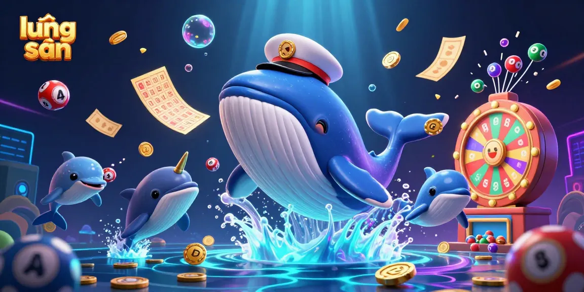 Experience thrilling lương sơn action with a cartoon whale breaching through coins in a vibrant gaming scene.