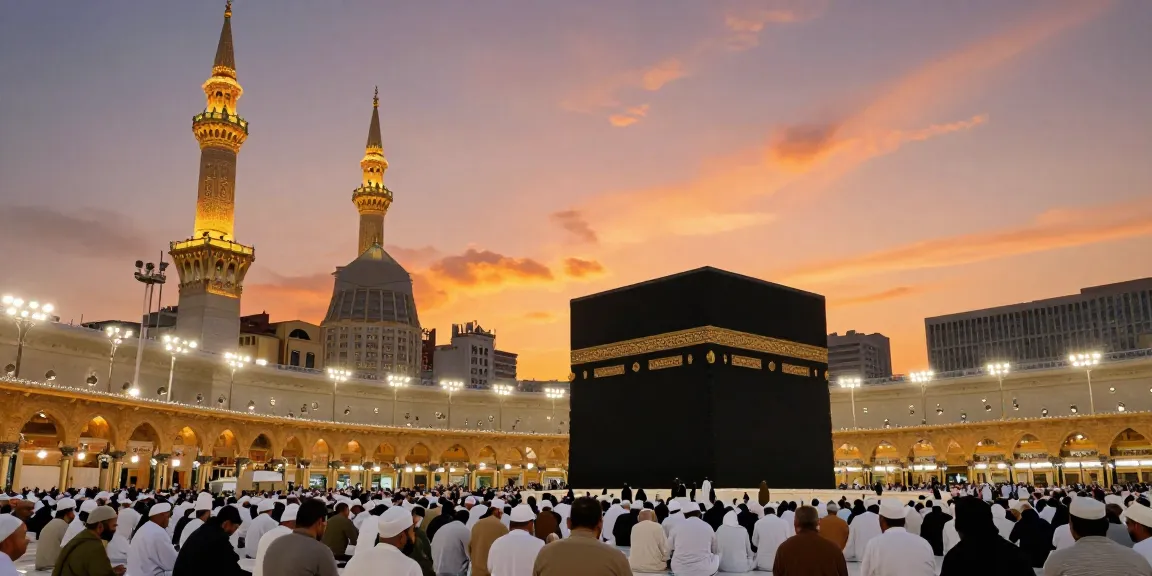 The spiritual experience of umroh ramadhan at the breathtaking Masjid al-Haram, with pilgrims gathered under a stunning sunset.