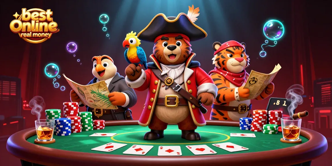 Experience thrilling action with best online casinos real money in an energetic poker scene featuring a pirate bear.