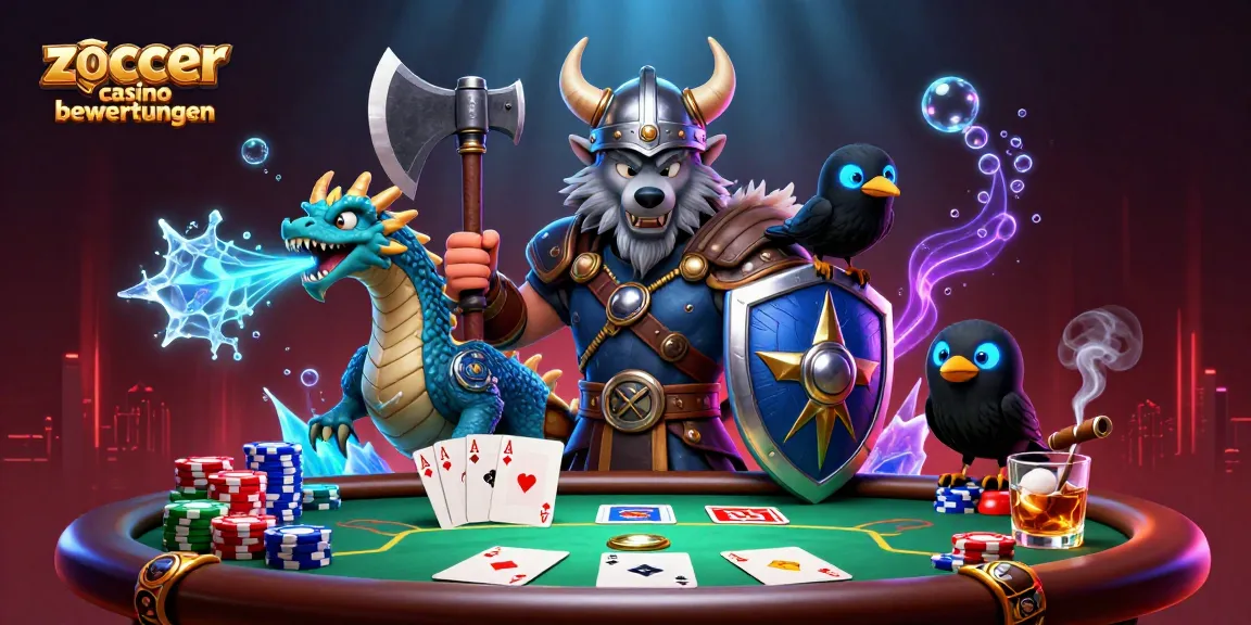 Zoccer casino bewertungen showcases a fierce Viking wolf warrior with a dragon, poker elements, and vibrant cinematic effects.