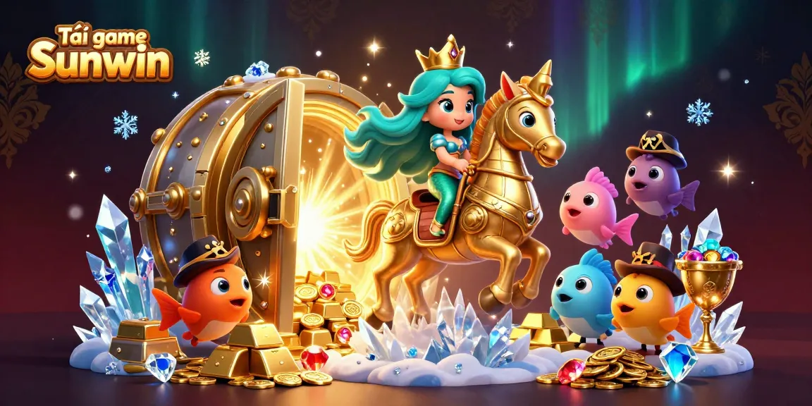 Tải game Sunwin with a lively mermaid princess riding a seahorse, gold treasures, and vibrant gemstones.