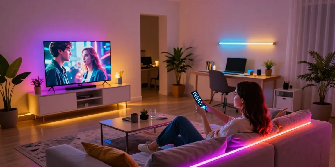 Benzi LED colorate care iluminează un living modern cu un cuplu relaxându-se.