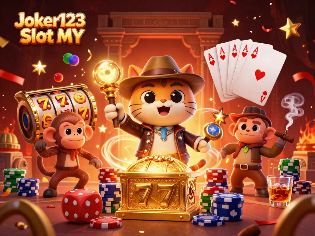 Experience thrilling gameplay with Joker123 Slot MY as an adventurous cat uncovers casino treasures.