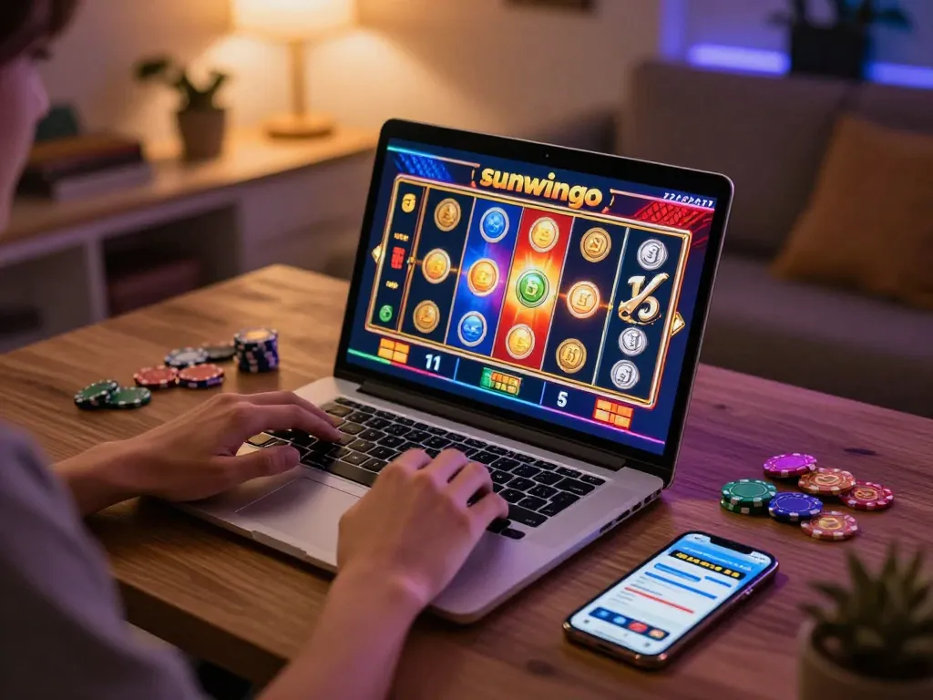 Play slots online with sunwingo on a cozy gaming setup, featuring colorful reels and a betting app.